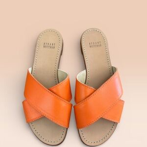 Stuart Weitzman Criss Cross Orange And Tan Leather Open Toed Slip On Sandal